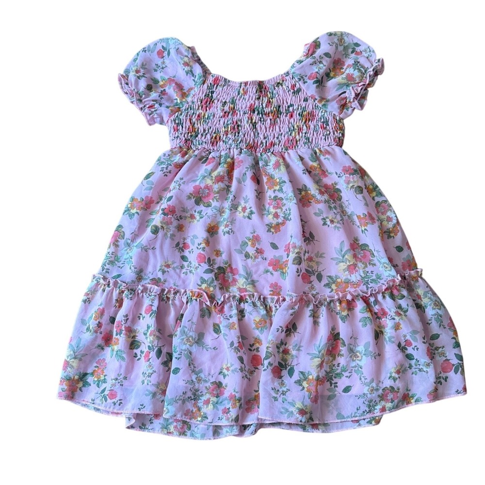 Zenzi Floral‎ Dress Kids Pink Smocked Puff Sleeve Tiered Chiffon SIZE XS 4/5